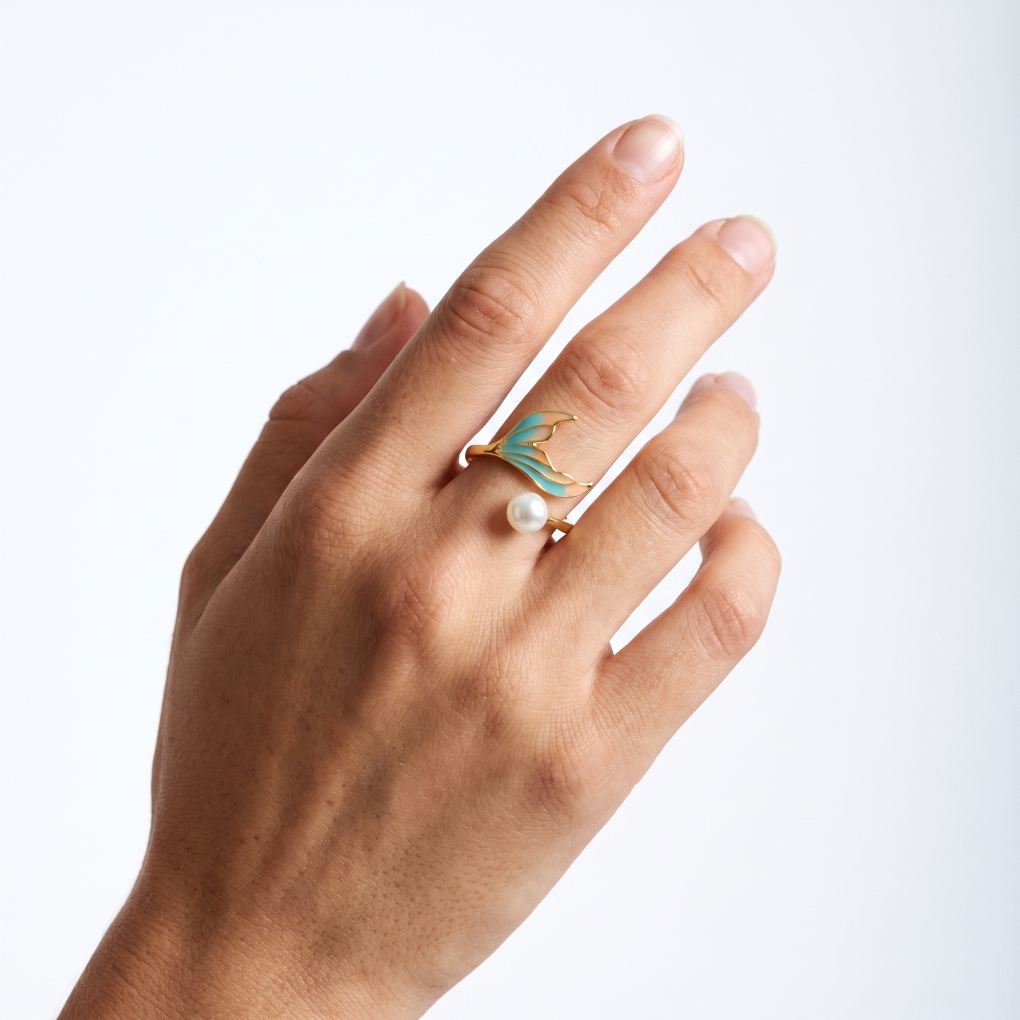 Sunoire colorful oil dripping gradient fish tail natural pearl ring with adjustable opening women s jewelry in stock wholesale 02 model wearing turquoise gradient