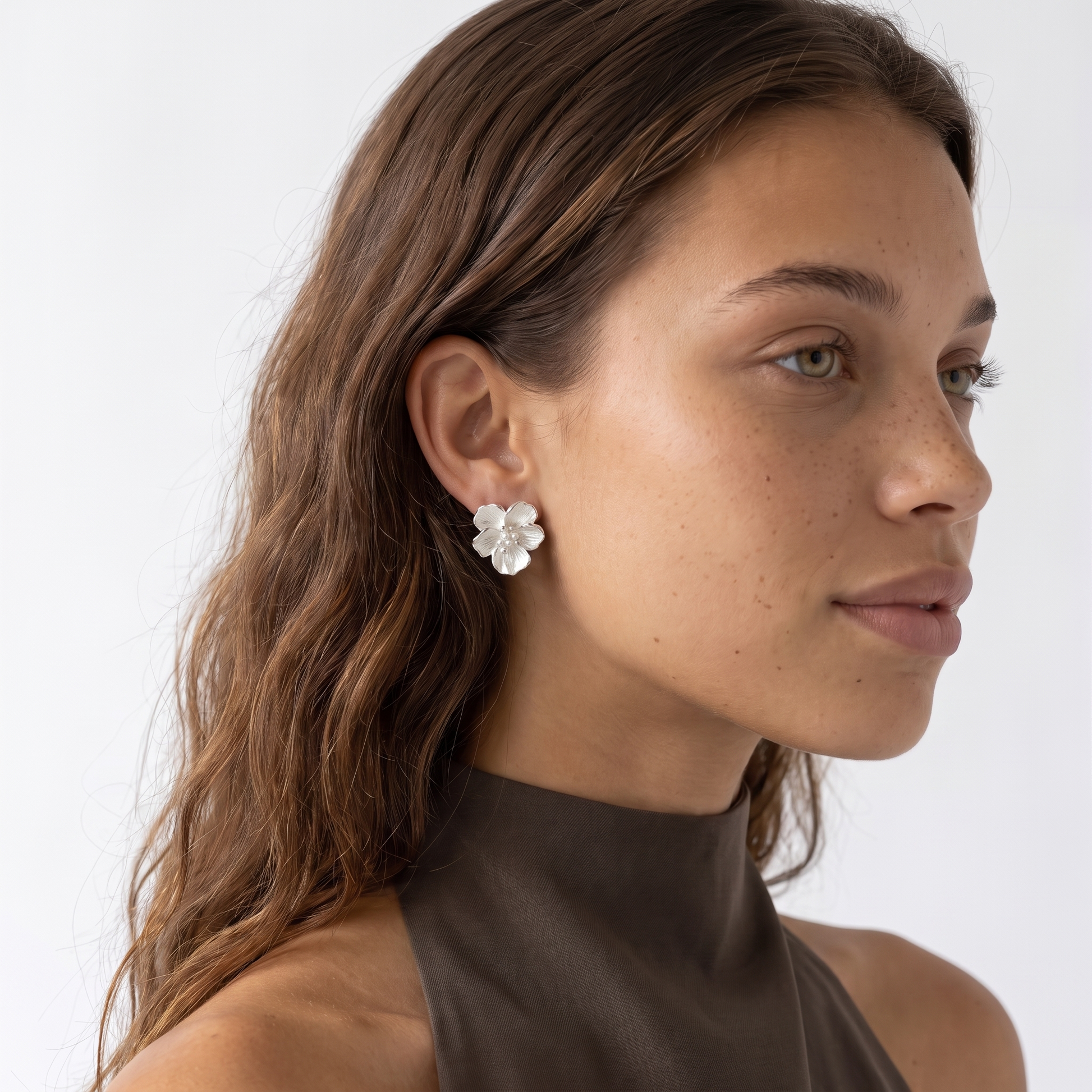 Sunoire minimalist floral earrings with 3d flower design for ladies trendy sweet cool style individual jewelry look item 02 model wearing white