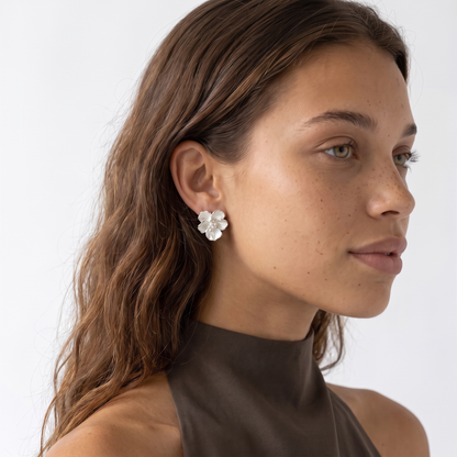 Sunoire minimalist floral earrings with 3d flower design for ladies trendy sweet cool style individual jewelry look item 02 model wearing white