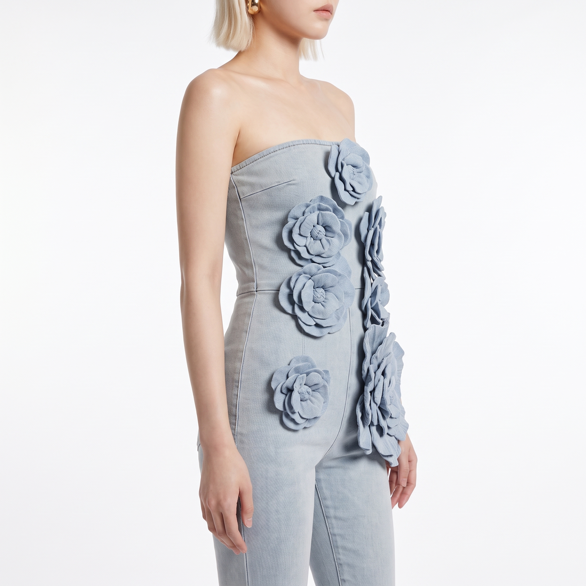 3D Floral Strapless Denim Jumpsuit, close-up of the bodice