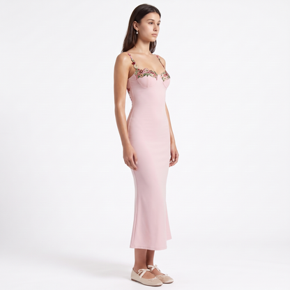 Women's Floral Appliqué Sweetheart Midi Dress, three-quarter view