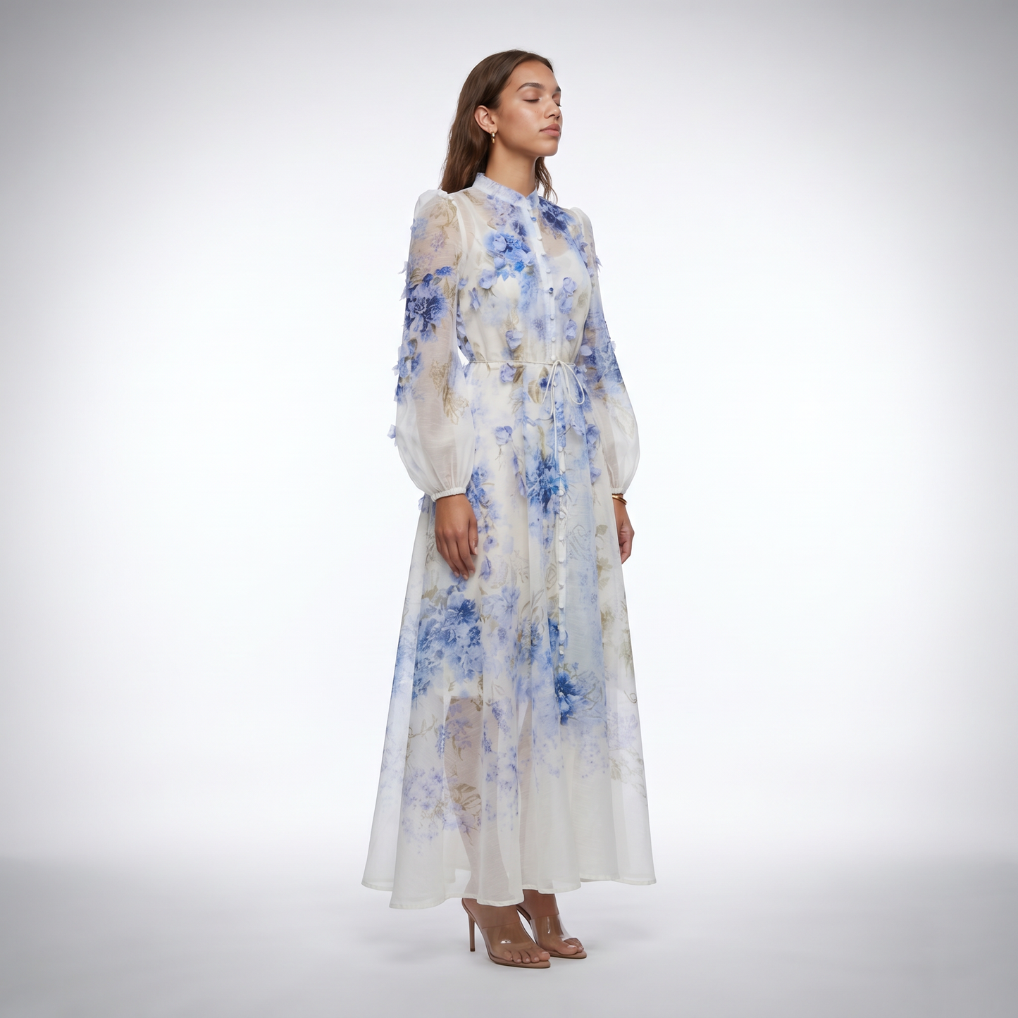 Sofia Blue Floral Print Maxi Dress three quarter