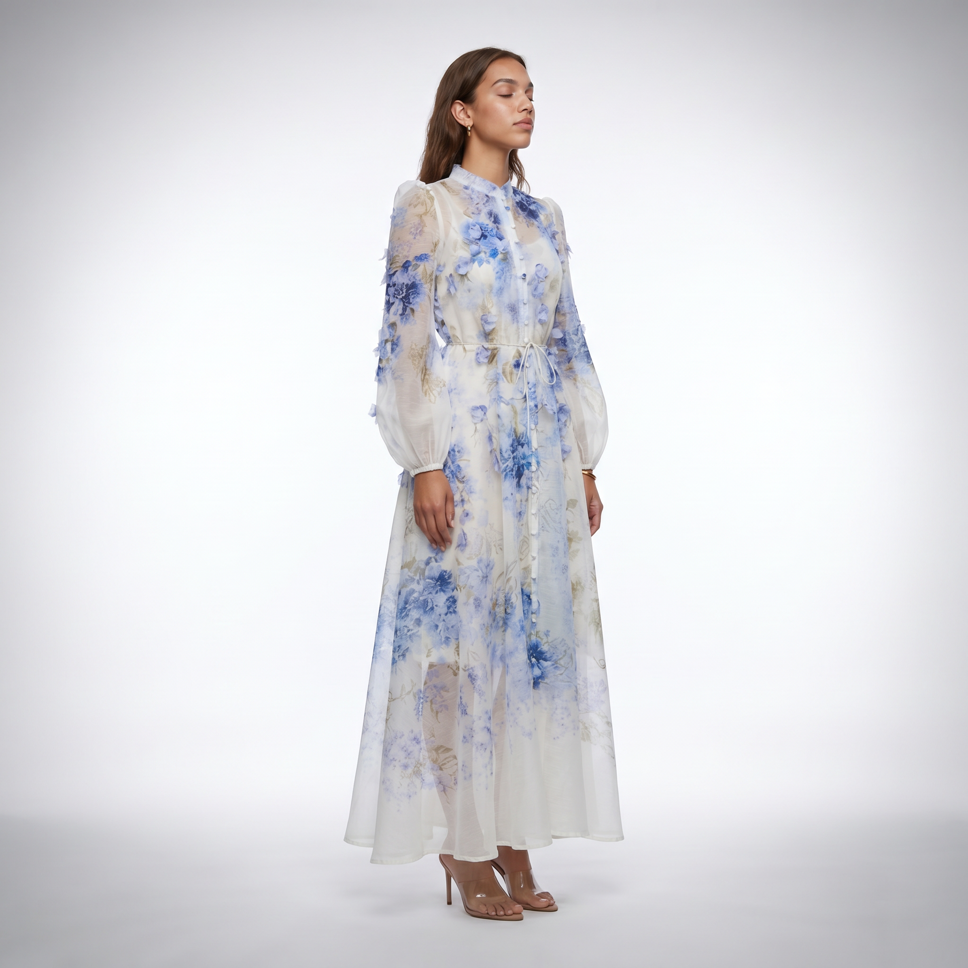 Sofia Blue Floral Print Maxi Dress three quarter