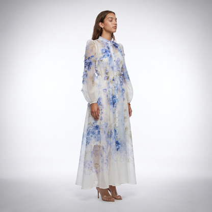 Sofia Blue Floral Print Maxi Dress three quarter