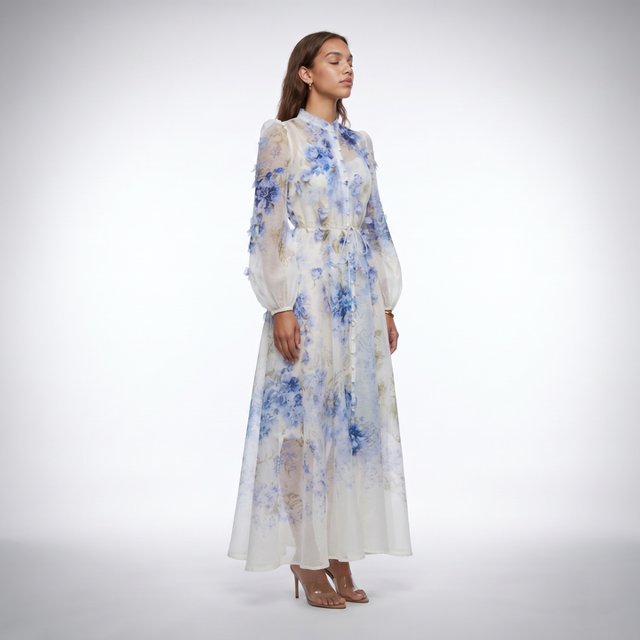 Sofia Blue Floral Print Maxi Dress three quarter
