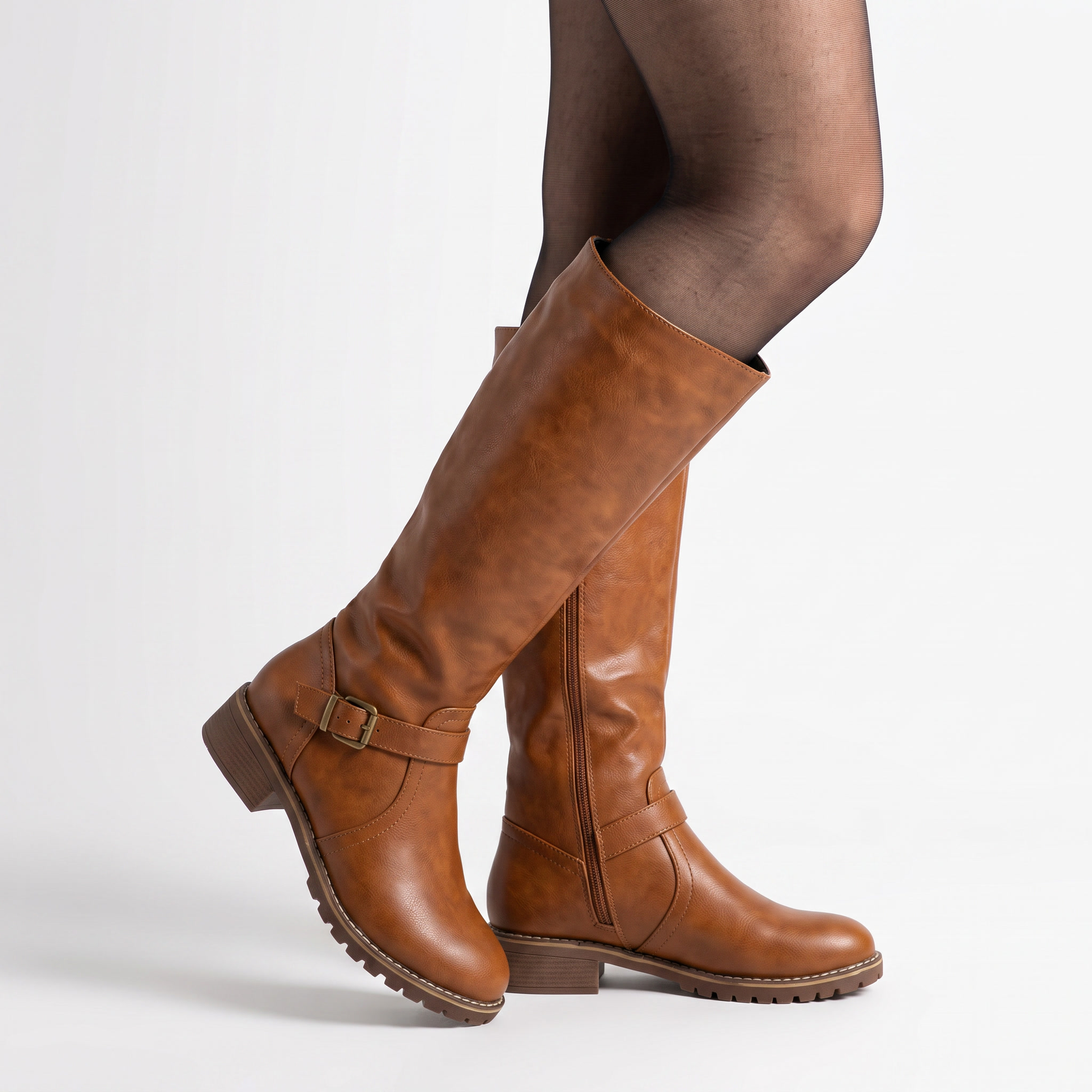 Sunoire olivia womens knee high buckle strap riding leather boots 02 three quarter brown