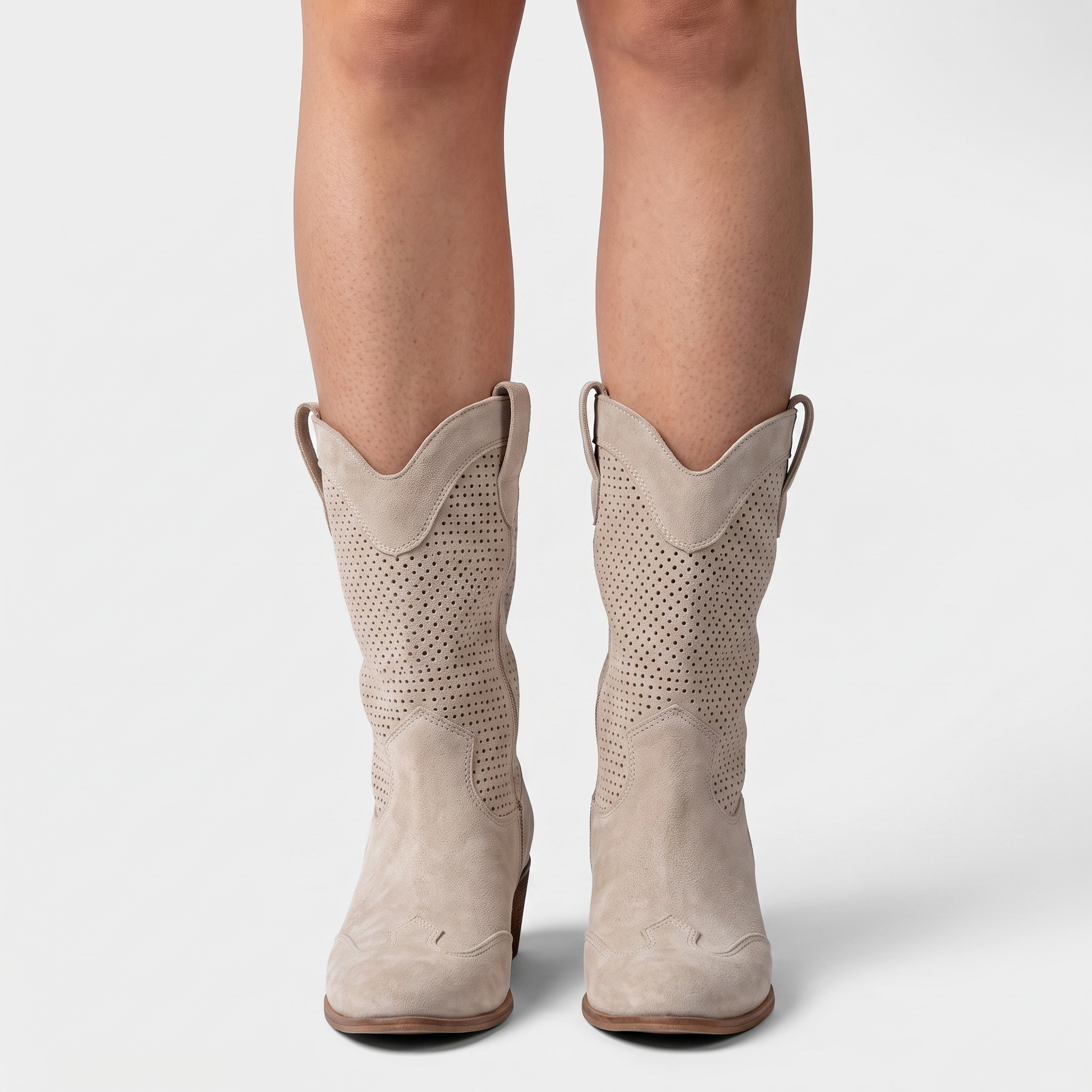 Sunoire mid calf perforated western boots 02 worn hero beige