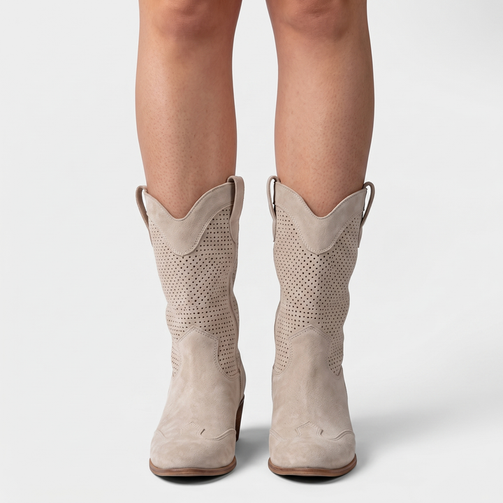 Sunoire mid calf perforated western boots 02 worn hero beige