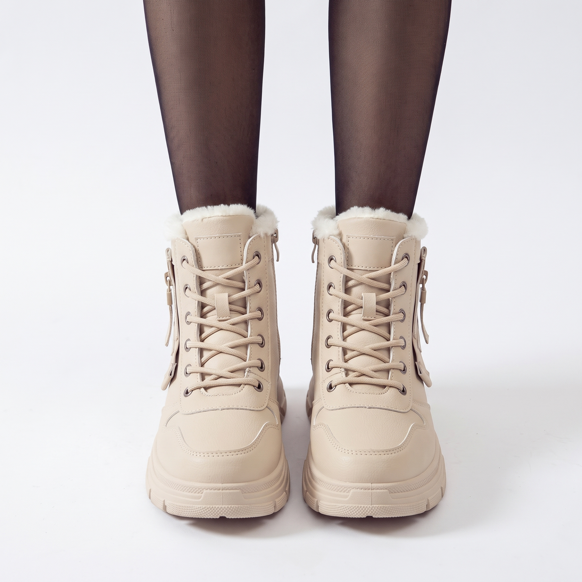 Fleece Lined Chunky Sole Snow Boots, Beige Lace Up Winter Boots, worn view
