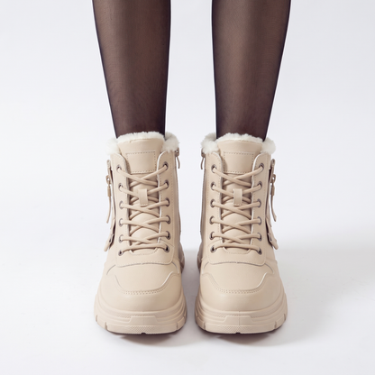 Fleece Lined Chunky Sole Snow Boots, Beige Lace Up Winter Boots, worn view