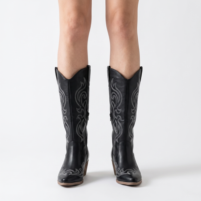 Sunoire cowboy boots knee high block heel 02 worn hero black