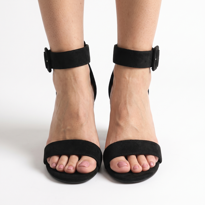 Sunoire 2026 new elegant women s sandals chunky block heel ankle strap suede summer dress shoes custom oem odm manufacturer 02 worn hero black
