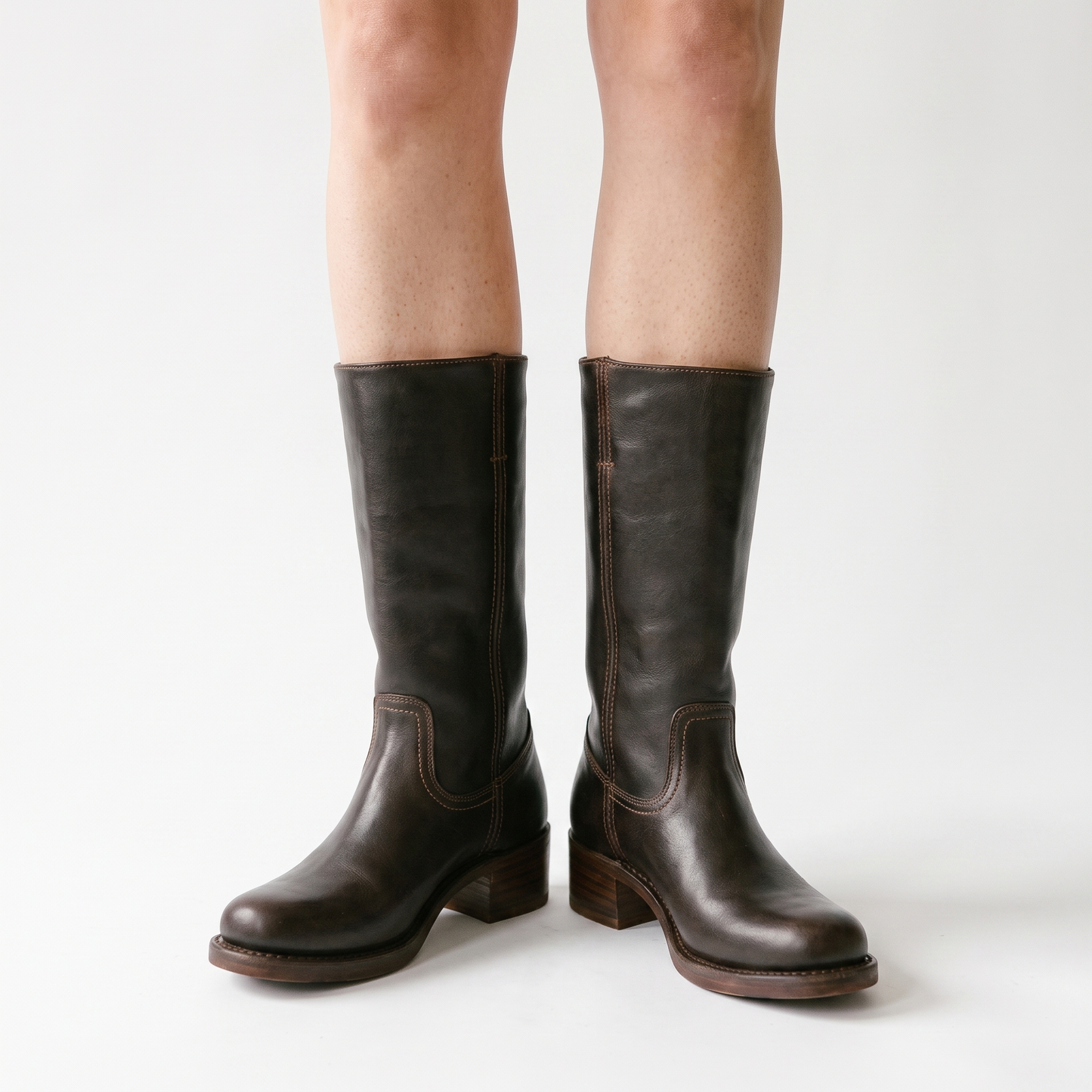 Sunoire mid calf block heel closed toe boots 02 worn hero brown