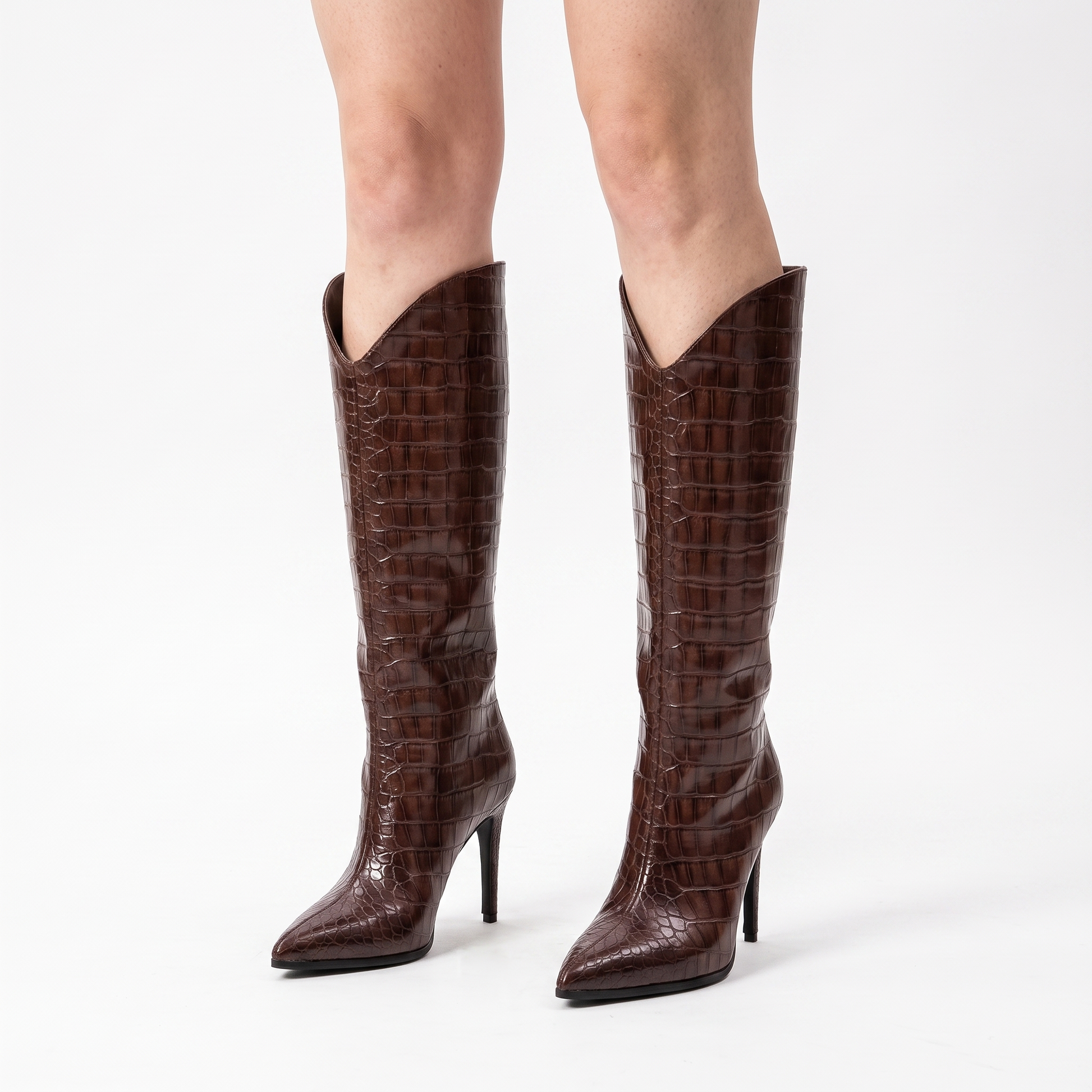 Sunoire fashion women s winter boots western style knee high with pointed toe sexy high heel croc pu wide calf ladies slip on design 02 worn hero brown