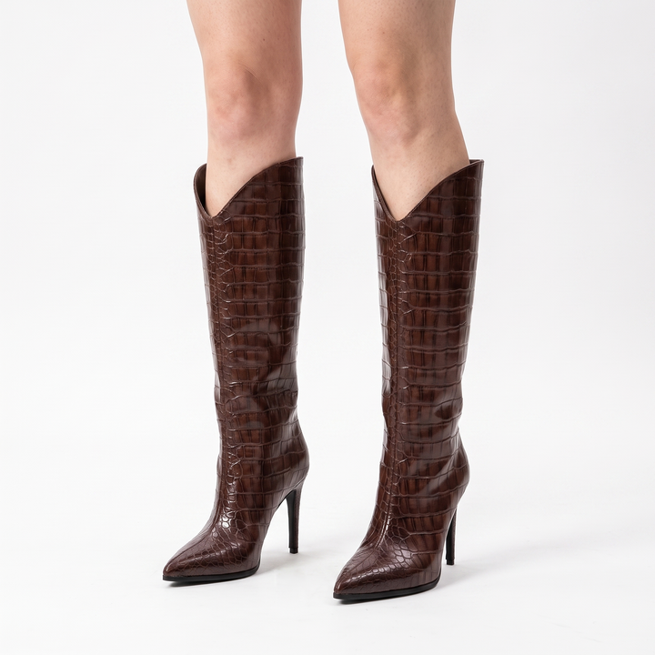 Sunoire fashion women s winter boots western style knee high with pointed toe sexy high heel croc pu wide calf ladies slip on design 02 worn hero brown
