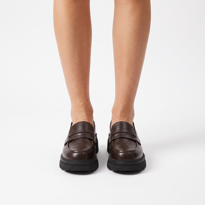 Sunoire penny loafer platform espadrille sole 02 worn hero brown