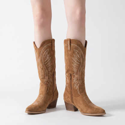 Sunoire knee high western embroidered boots 02 worn hero camel