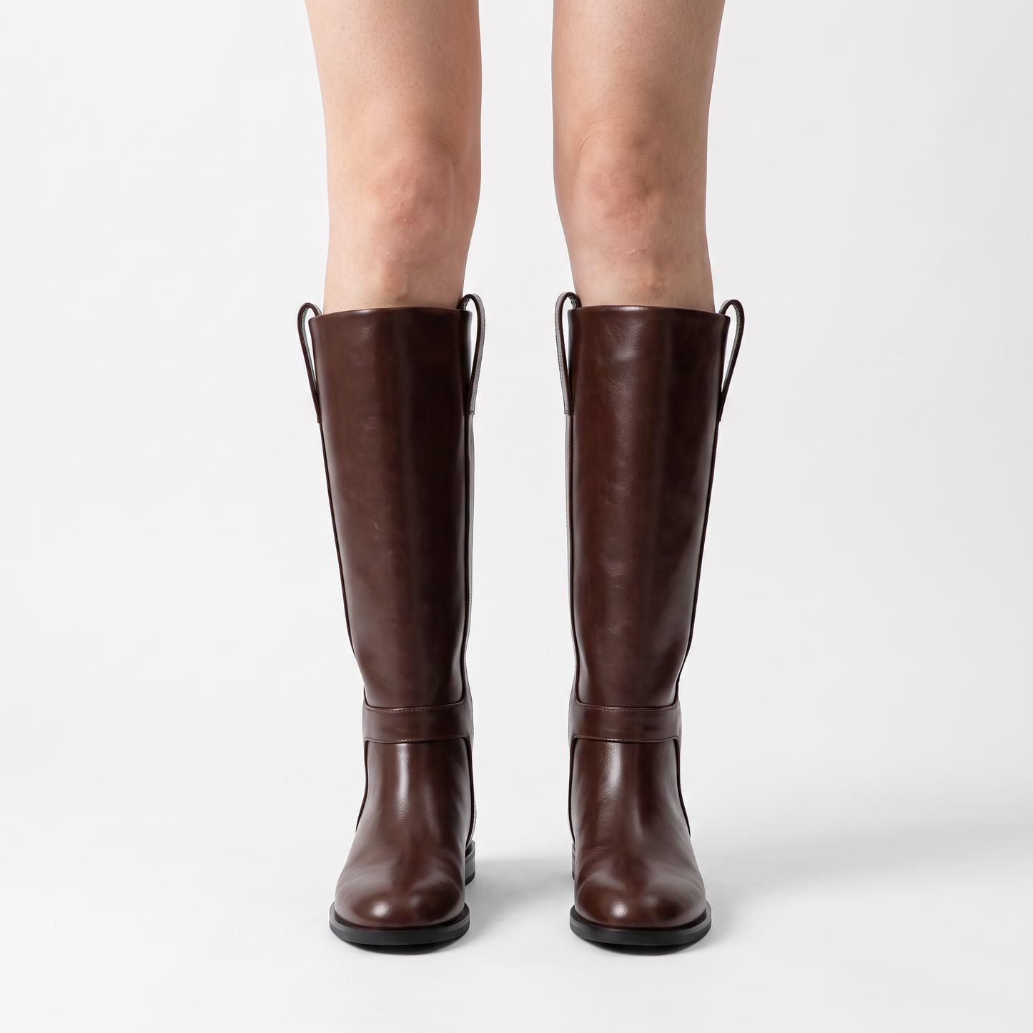 Sunoire women s elegant knee high long boots with round toe fashion mid heels slip on design for autumn winter spring parties 02 worn hero cognac