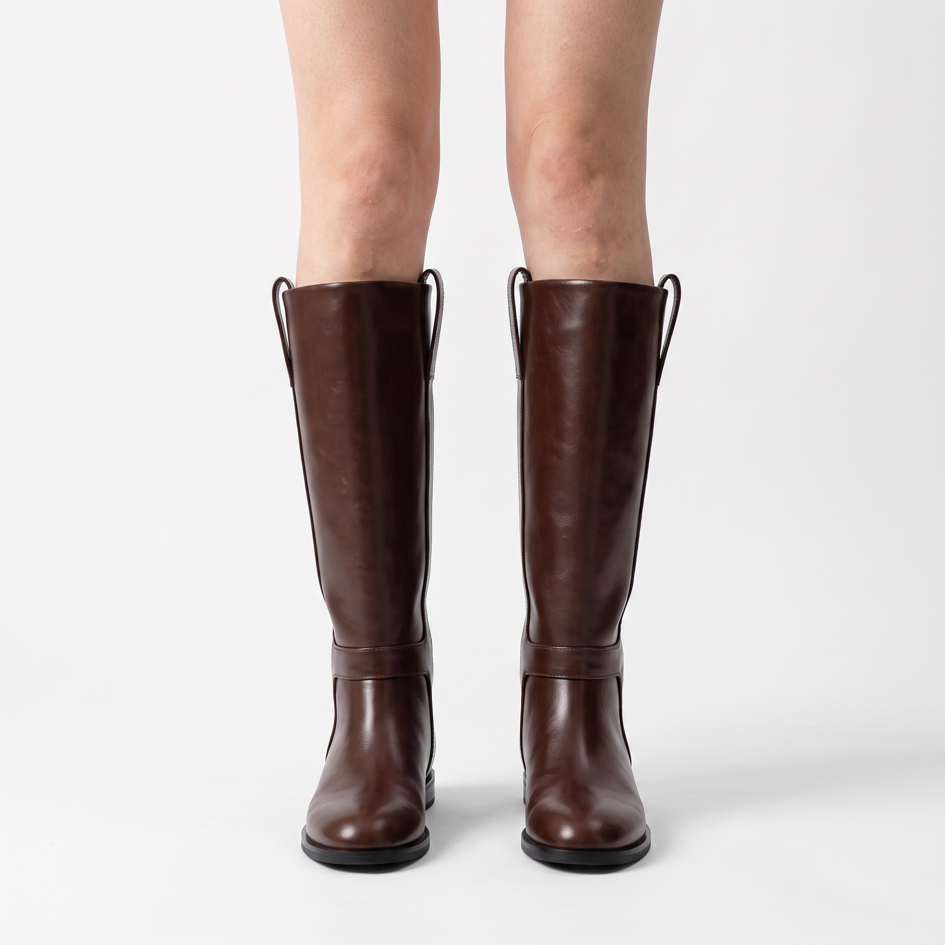 Sunoire women s elegant knee high long boots with round toe fashion mid heels slip on design for autumn winter spring parties 02 worn hero cognac