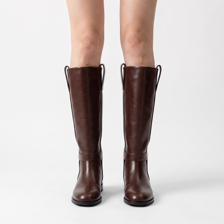Sunoire women s elegant knee high long boots with round toe fashion mid heels slip on design for autumn winter spring parties 02 worn hero cognac