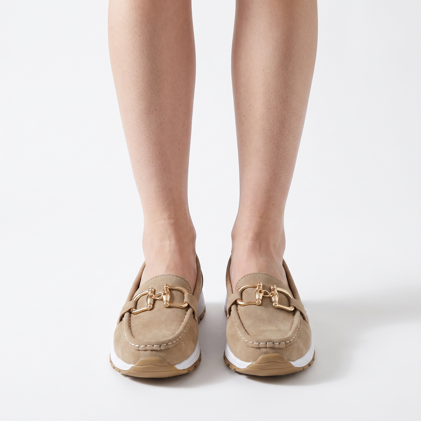 Sunoire womens gold horsebit slip on moc toe platform loafers 02 worn hero khaki
