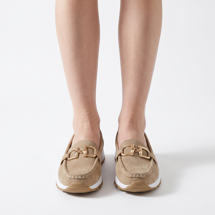 Sunoire womens gold horsebit slip on moc toe platform loafers 02 worn hero khaki