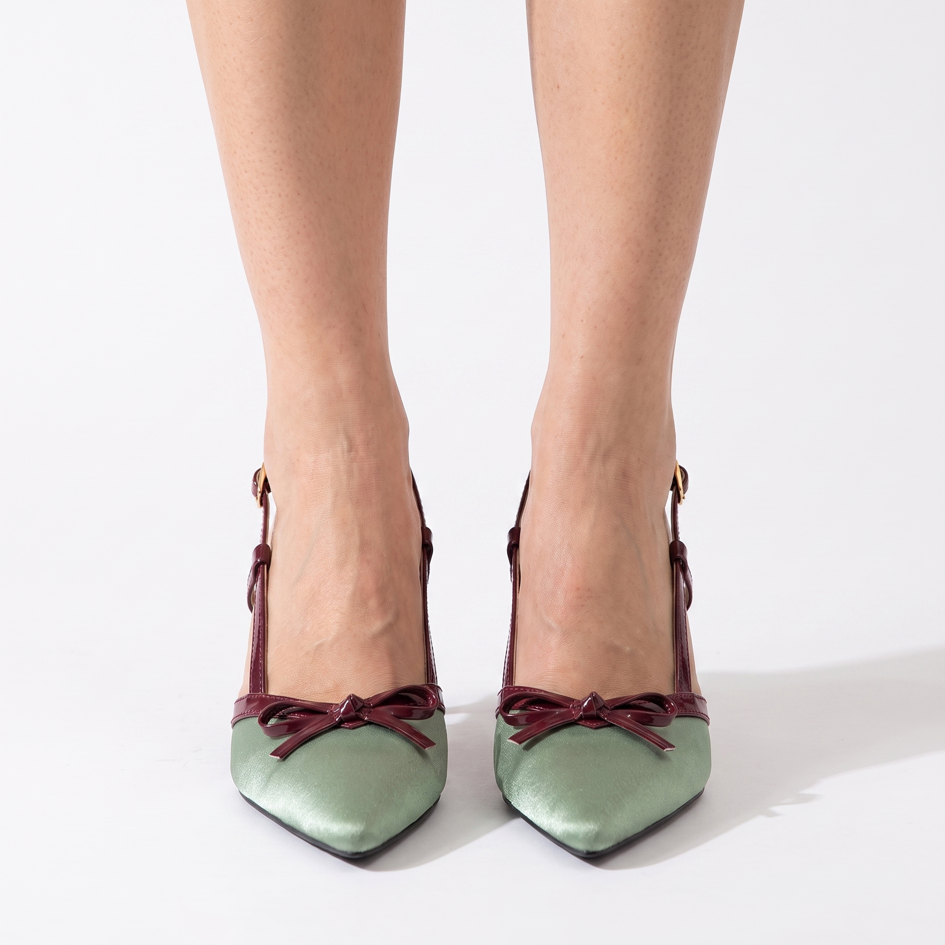 Sunoire satin leather high heels 6 8cm with one word buckle strap stiletto heel pointed toe summer 2026 02 worn hero sage green