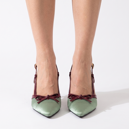 Sunoire satin leather high heels 6 8cm with one word buckle strap stiletto heel pointed toe summer 2026 02 worn hero sage green