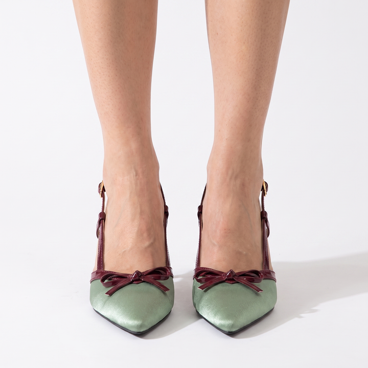 Sunoire satin leather high heels 6 8cm with one word buckle strap stiletto heel pointed toe summer 2026 02 worn hero sage green