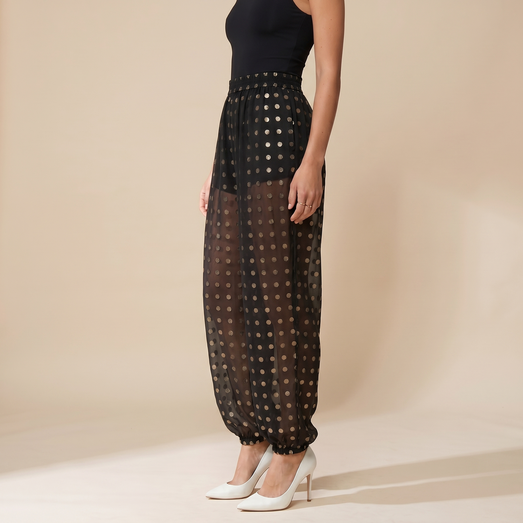 Sunoire chicme womens polka dot sheer lantern pants high waist loose fit harem pants vintage see through trousers with lining 03 bottom side crop
