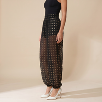 Sunoire chicme womens polka dot sheer lantern pants high waist loose fit harem pants vintage see through trousers with lining 03 bottom side crop