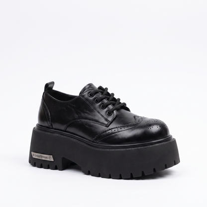 Sunoire european british style women s derby shoes loafers color washed genuine leather thick soled platform lace up height increasing 03 colorway black