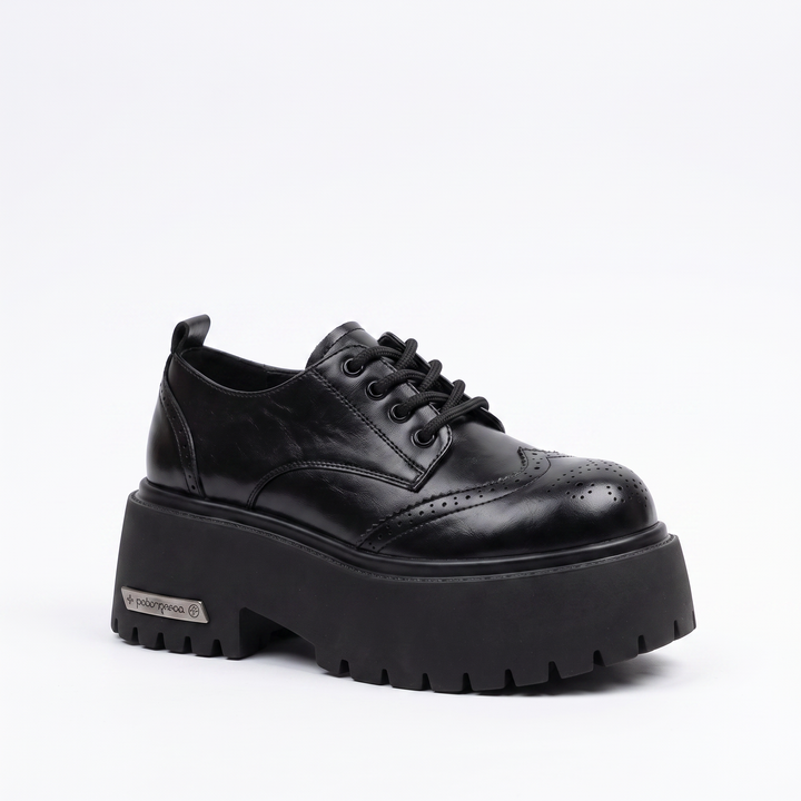 Sunoire european british style women s derby shoes loafers color washed genuine leather thick soled platform lace up height increasing 03 colorway black