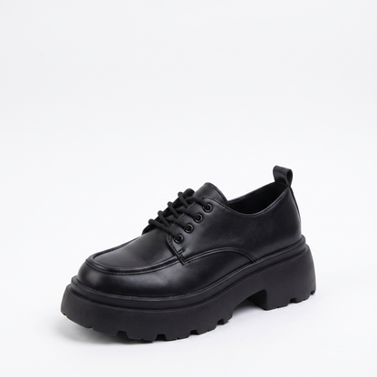 Sunoire 2023 spring and autumn new british style small leather shoes women s fashion retro thick heel lace up thick sole single shoe 03 colorway black