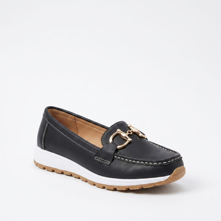 Sunoire womens gold horsebit slip on moc toe platform loafers 03 colorway black