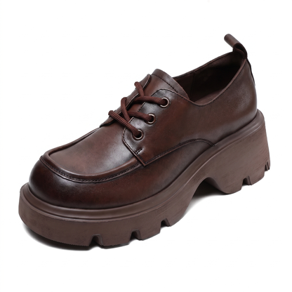 Sunoire genuine leather brown retro platform lace up loafers women 2026 spring summer autumn season thick sole height increase 03 colorway brown