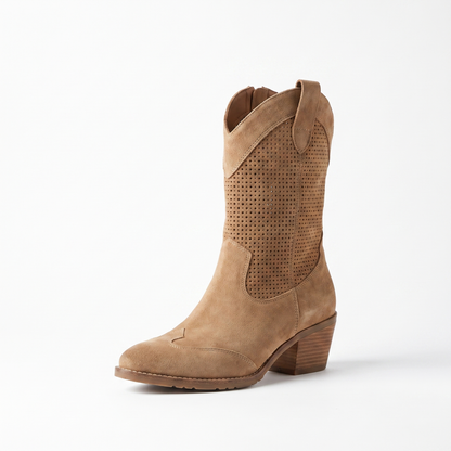Sunoire mid calf perforated western boots 03 colorway brown