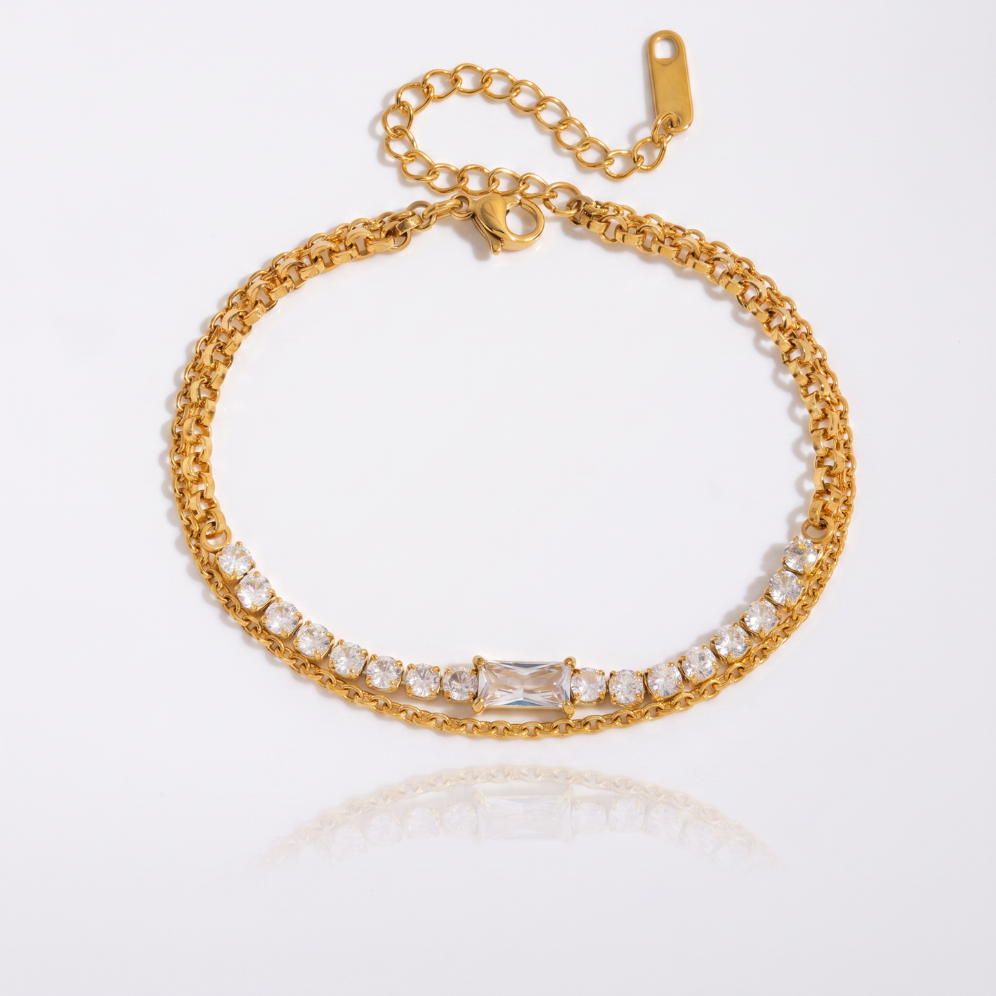 Sunoire jd women minimalist multi bracelet 18k gold round white zircon cross chain bracelet stackable jewelry gift 03 flatlay baguette row