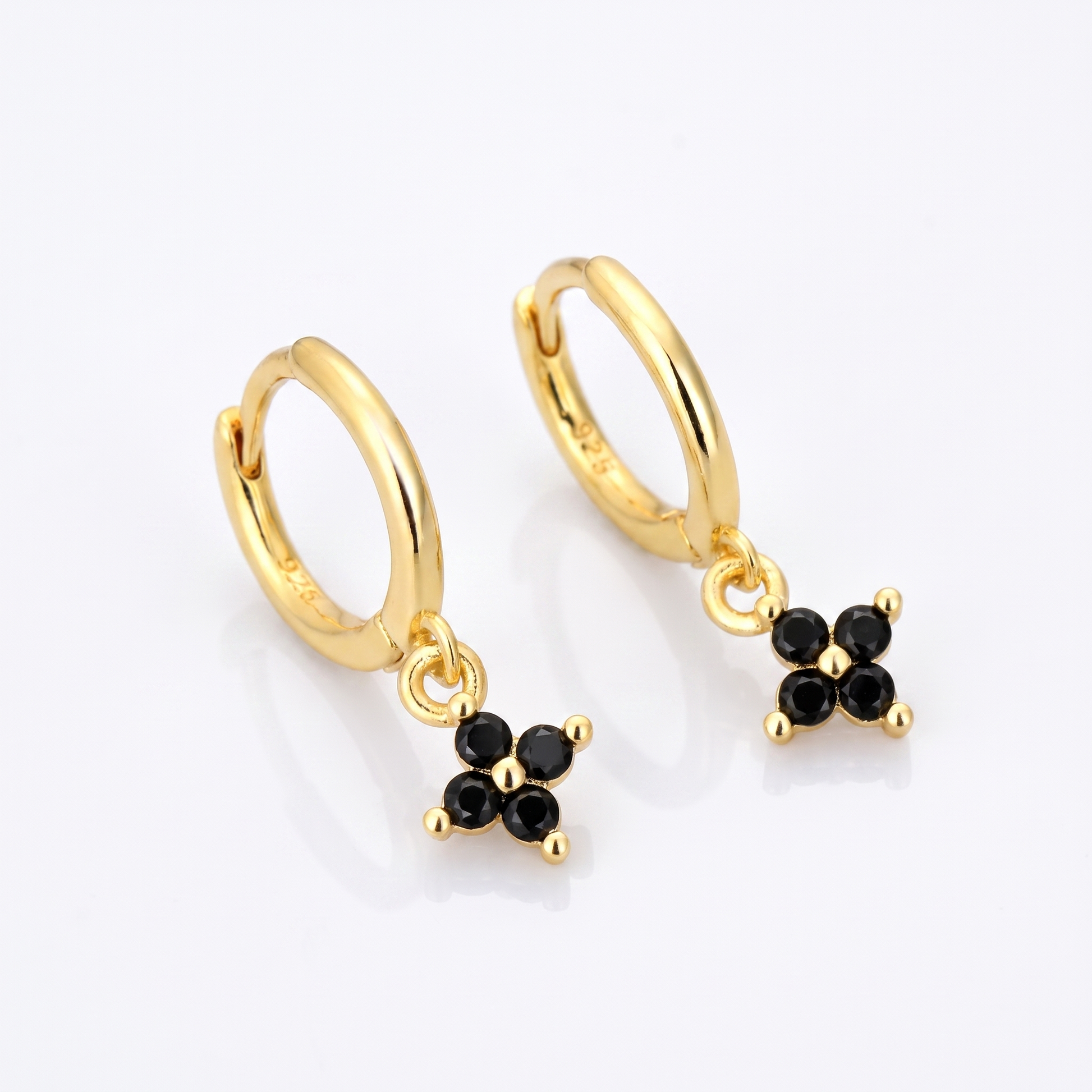 Sunoire classic summer fine jewelry 925 sterling silver zircon four leaf clover earrings for women hoop drop 03 flatlay black