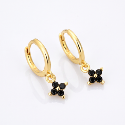 Sunoire classic summer fine jewelry 925 sterling silver zircon four leaf clover earrings for women hoop drop 03 flatlay black