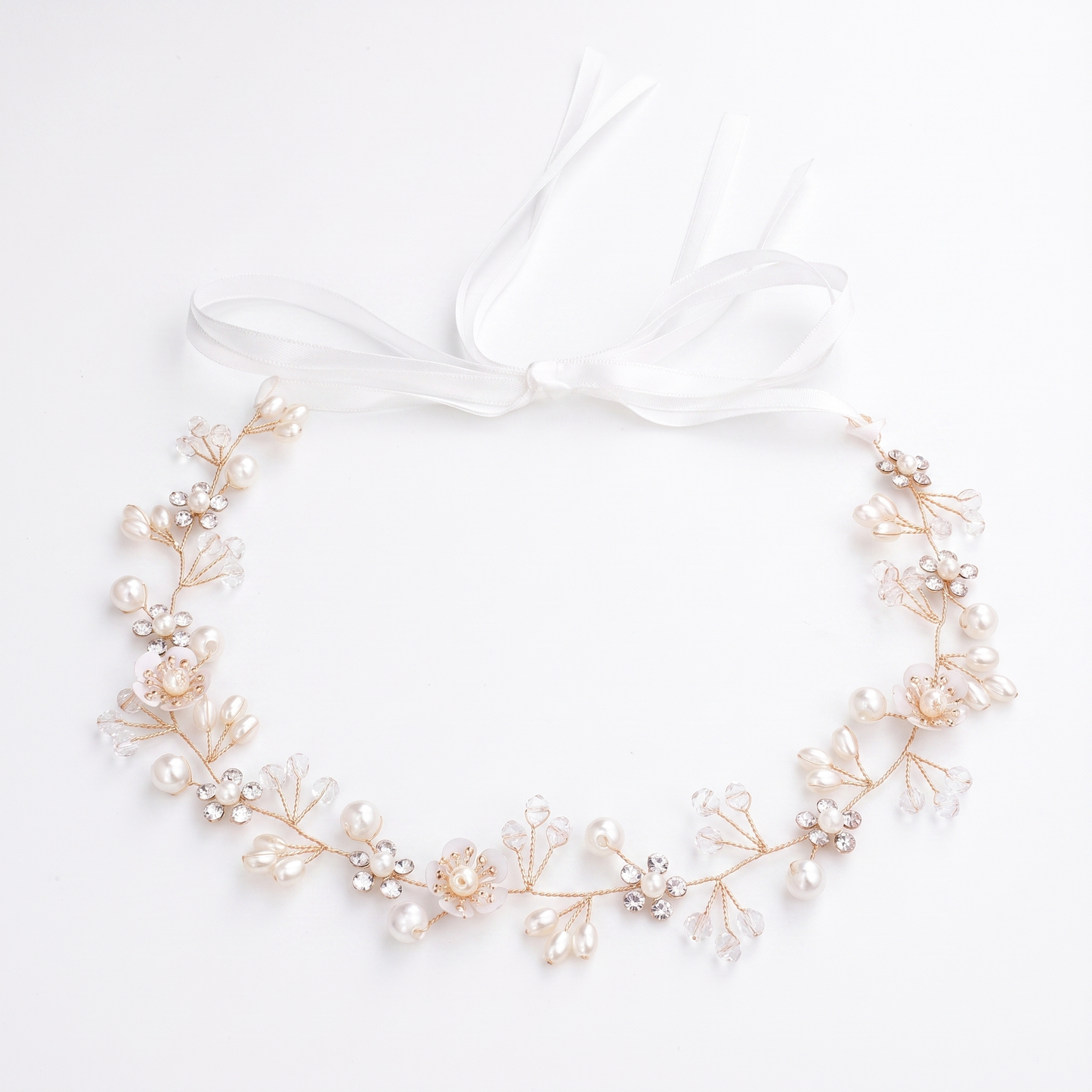 Sunoire bridal accessories wedding headwear crystal pearl headband hair accessories beautiful flowers handmade beaded pan headband 03 flatlay gold