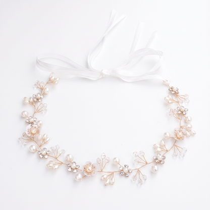 Sunoire bridal accessories wedding headwear crystal pearl headband hair accessories beautiful flowers handmade beaded pan headband 03 flatlay gold
