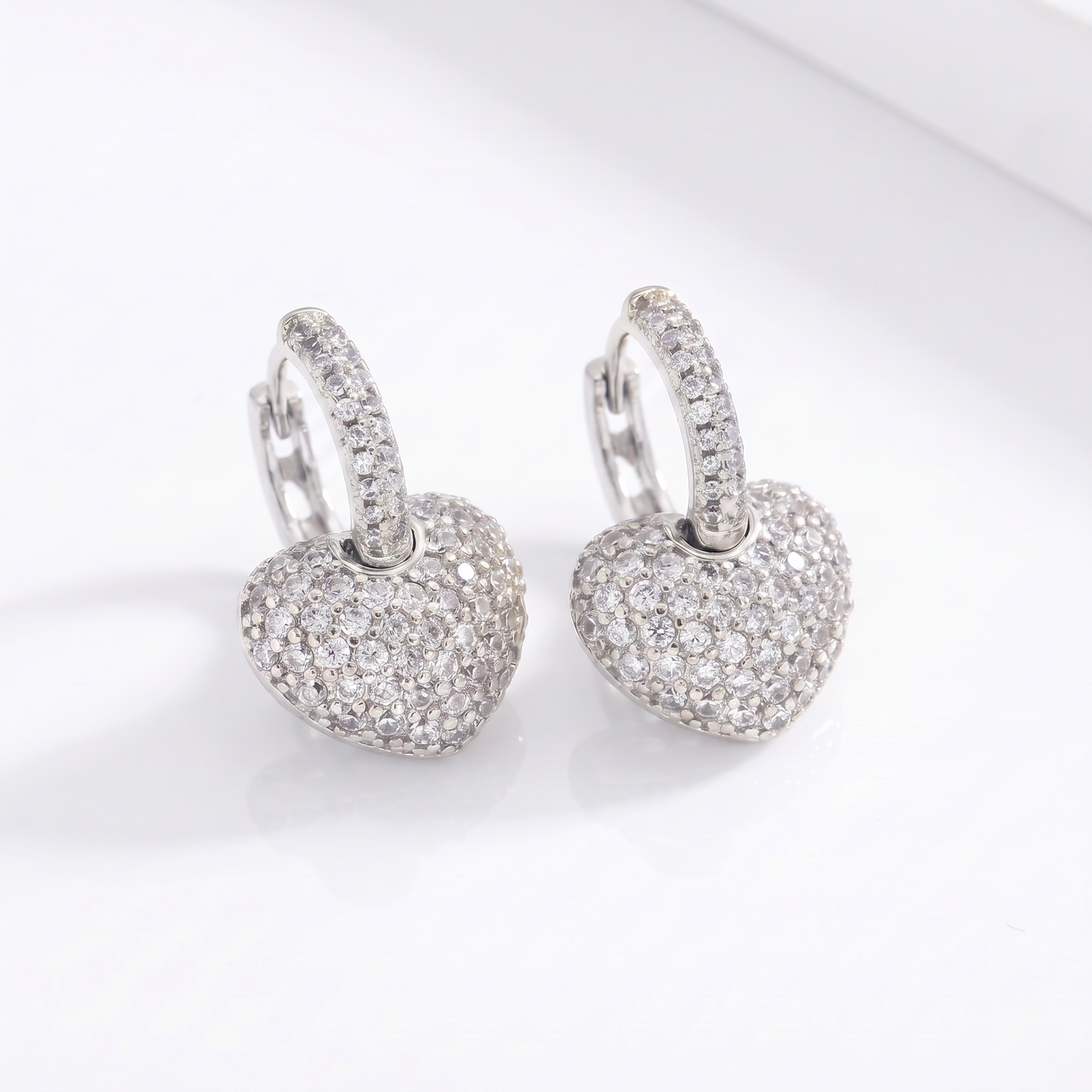 Sunoire fashion heart hoop pendant 14k gold cubic zirconia brass gold plated earrings for women jewelry 03 flatlay silver