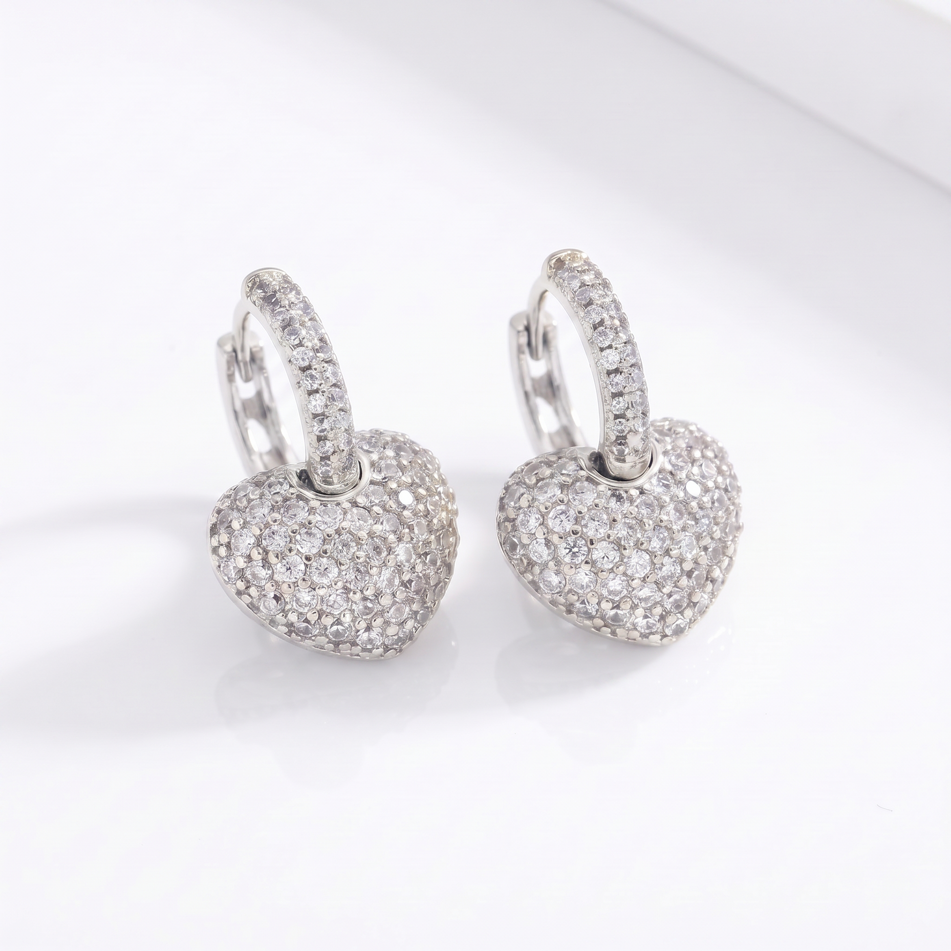 Sunoire fashion heart hoop pendant 14k gold cubic zirconia brass gold plated earrings for women jewelry 03 flatlay silver