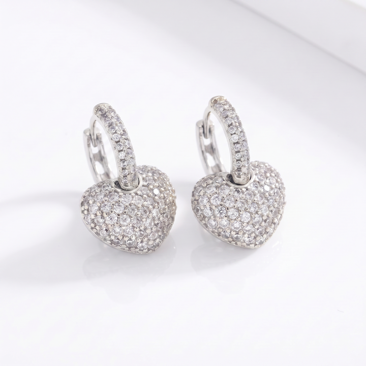 Sunoire fashion heart hoop pendant 14k gold cubic zirconia brass gold plated earrings for women jewelry 03 flatlay silver