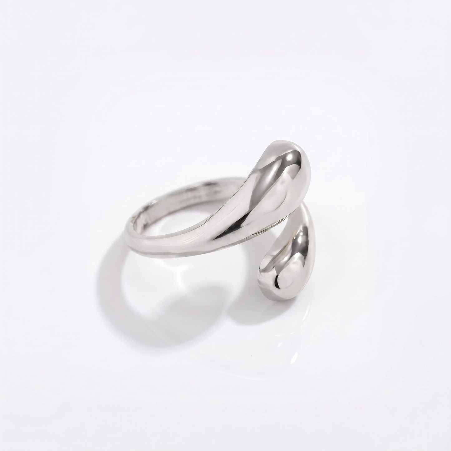 Sunoire glossy water drop alloy electroplated women s adjustable open winding ring 03 flatlay silver