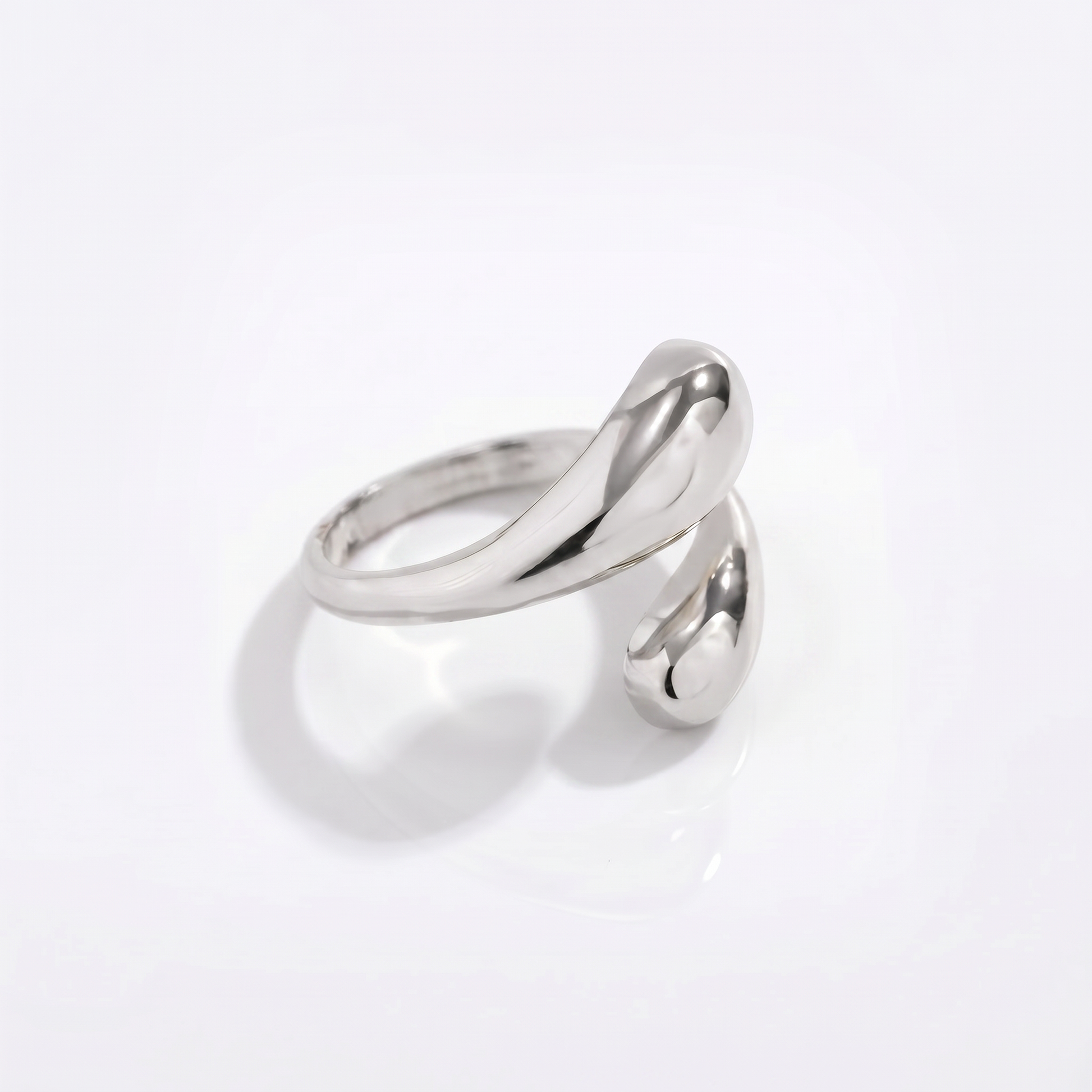 Sunoire glossy water drop alloy electroplated women s adjustable open winding ring 03 flatlay silver