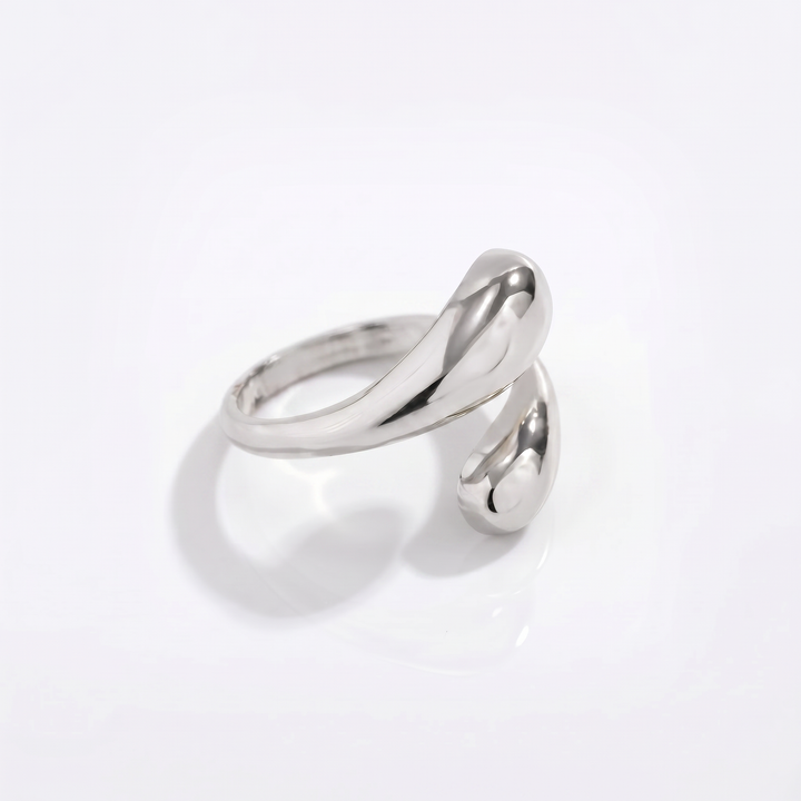 Sunoire glossy water drop alloy electroplated women s adjustable open winding ring 03 flatlay silver