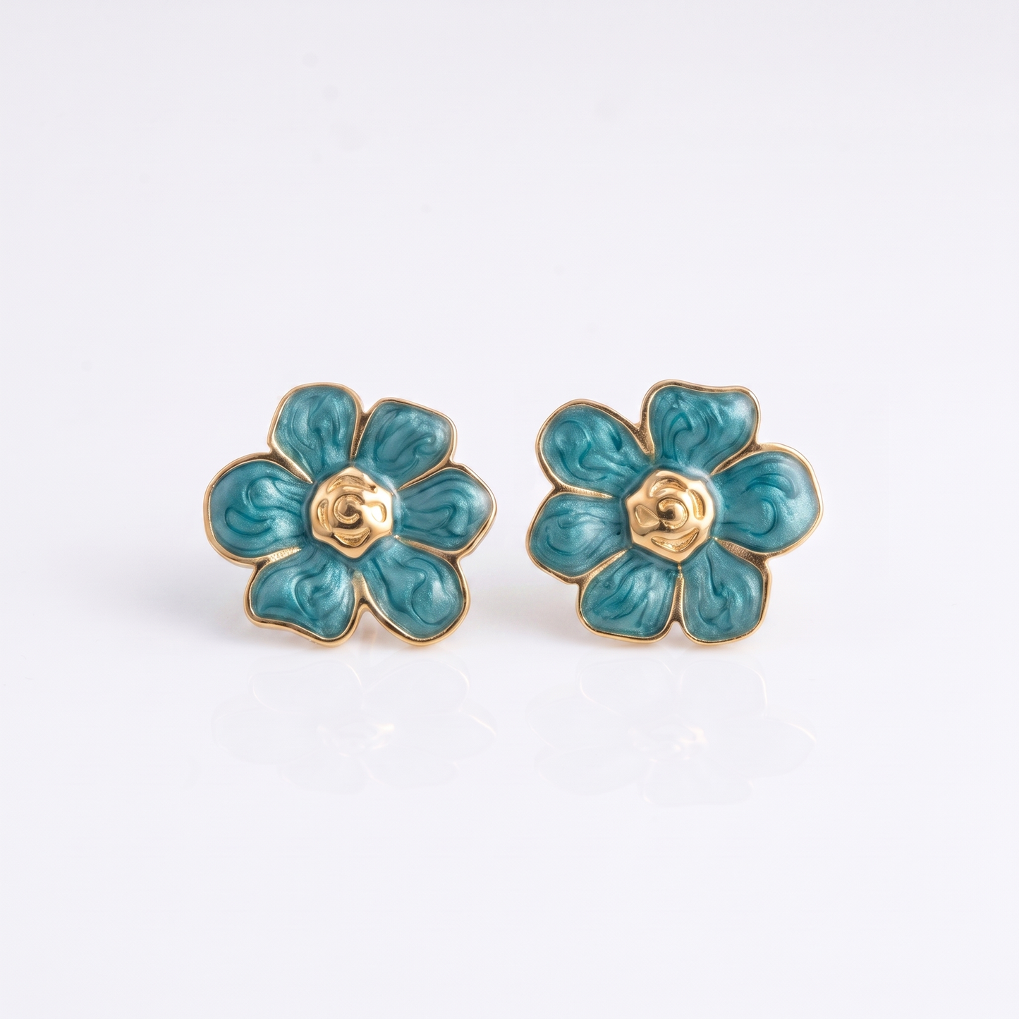 Sunoire women s trendy stainless steel stud earrings minimalist six petaled flower lucky gold color plating wholesale retro party 03 flatlay teal