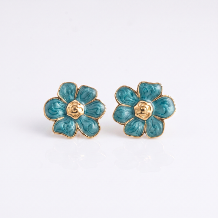 Sunoire women s trendy stainless steel stud earrings minimalist six petaled flower lucky gold color plating wholesale retro party 03 flatlay teal